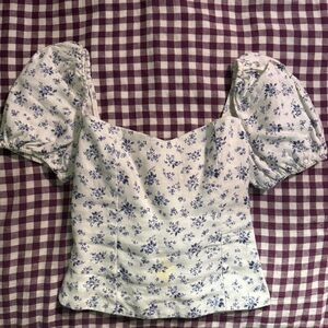 Reformation Floral Puff Sleeve Top - White and Blue